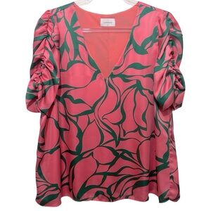 Adrienne Orange and Pink Graphic Ruched Blouse